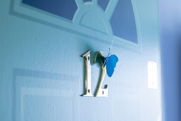 blue door number with butterfly