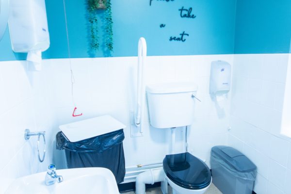 Bright turquoise bathroom with white fixtures and natural light